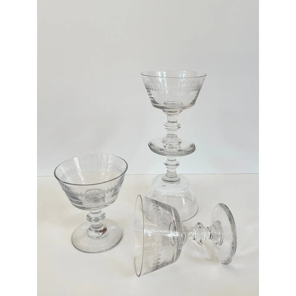 Vintage Etched Glass Coupe Champagne Glasses Set of 4 Clear Pedestal Stem